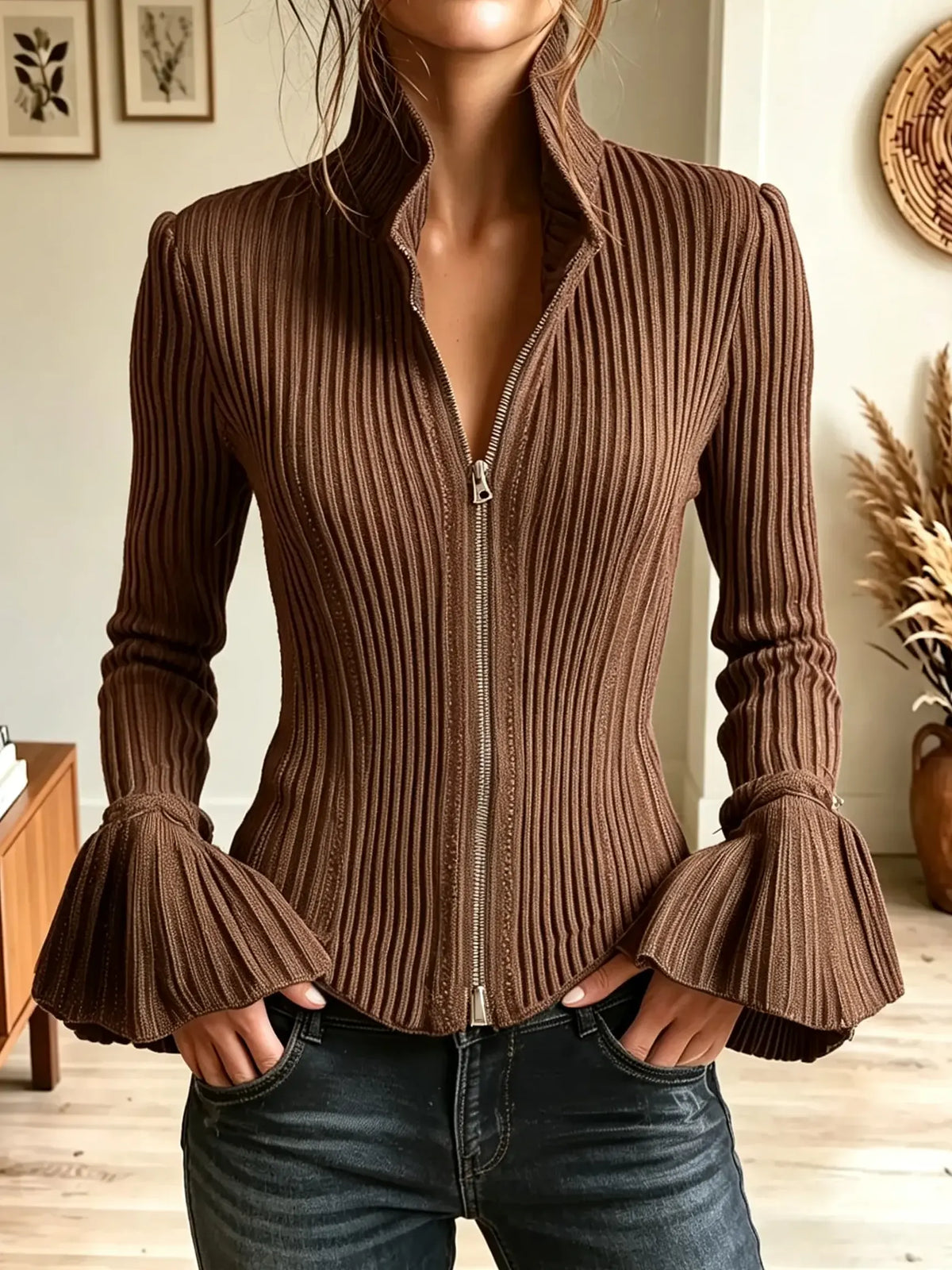 Women's High Collar Bell Sleeve Ribbed Knit Cardigan