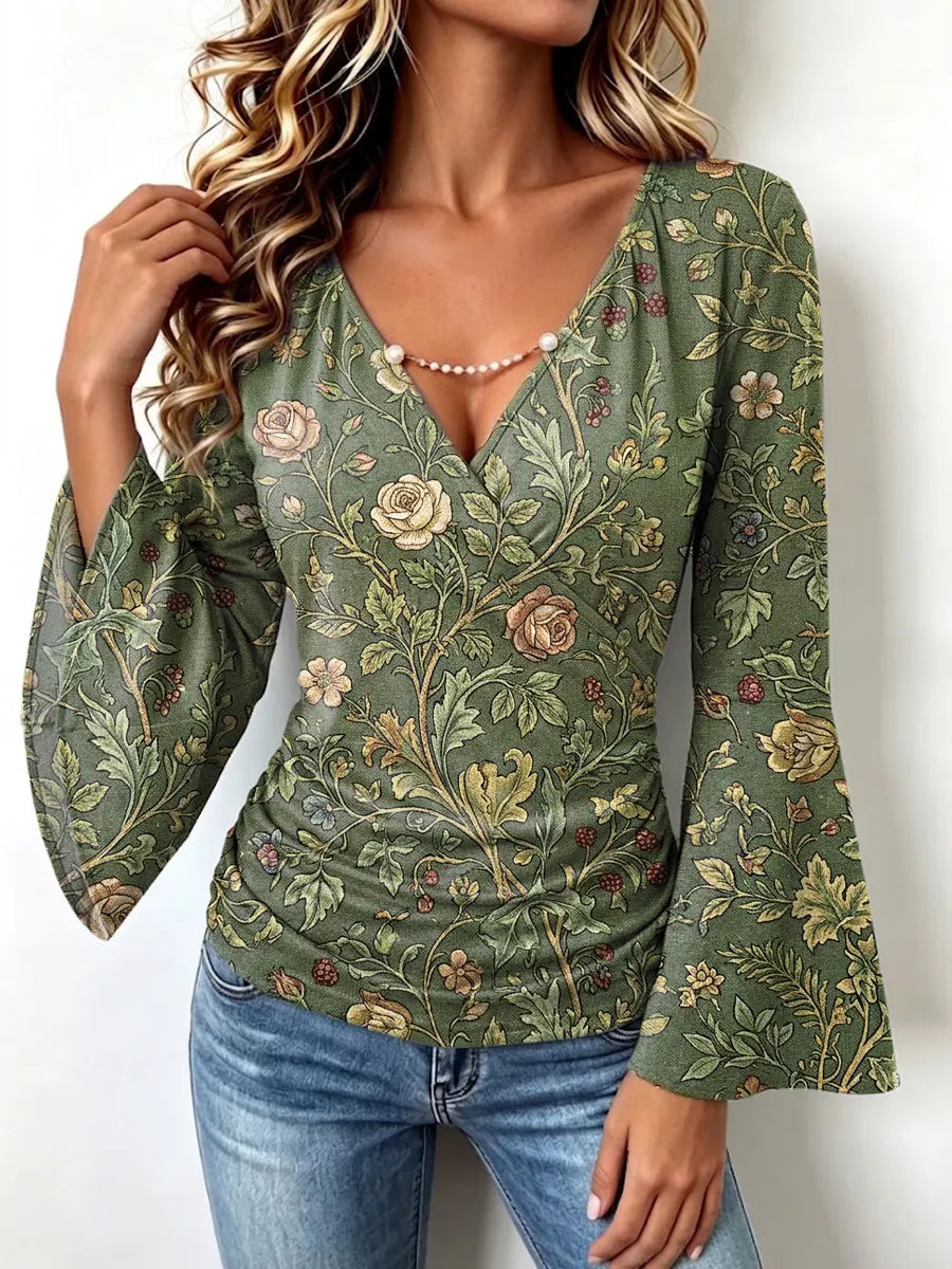 Retro Floral Pattern Art Print Casual Stylish Cotton V Collar Shirt