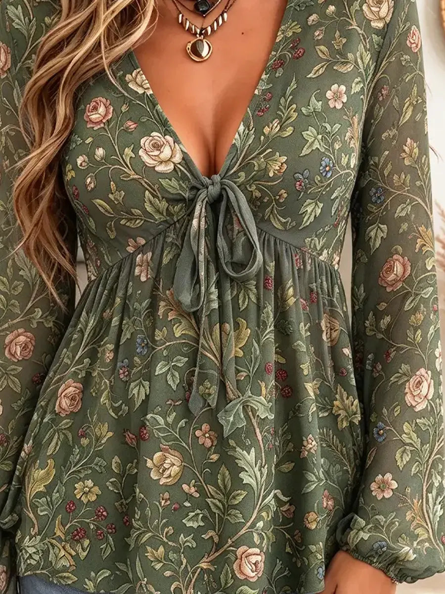 Retro Floral Pattern Art Print Casual Stylish Long Sleeve Mesh V Collar Shirt