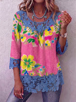 Vintage Elegant Pattern Print Patchwork Hollowed Out Lace Shirt