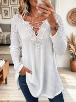 Women's Lace-Up Floral Lace Yoke Textured Tunic Top