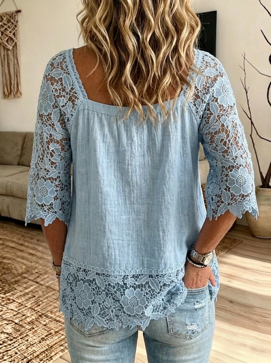 Womens Square Neck Floral Lace Raglan 3/4 Sleeve Henley Blouse