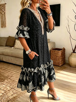 Women's Black Leopard Fern Plaid Patchwork Print V-Neck Ruffle Midi Dress