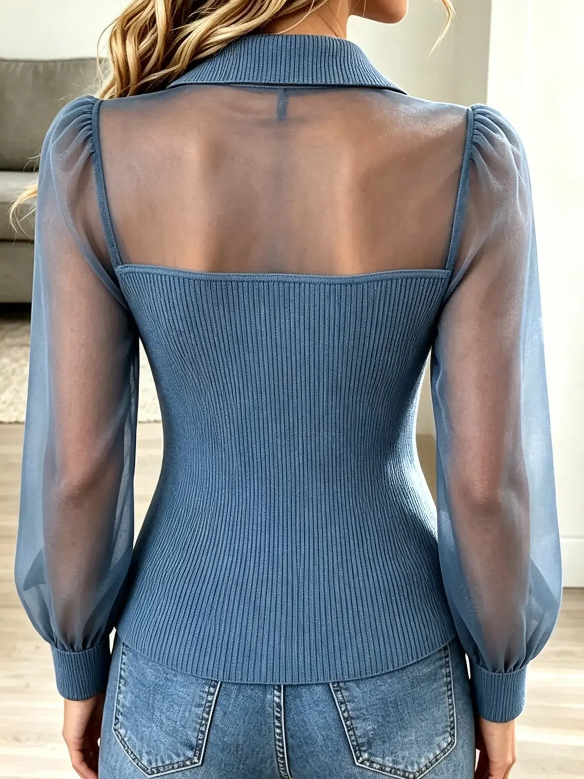 Women's Sheer Yoke Zip-Up Ribbed Knit Top