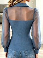 Women's Sheer Yoke Zip-Up Ribbed Knit Top