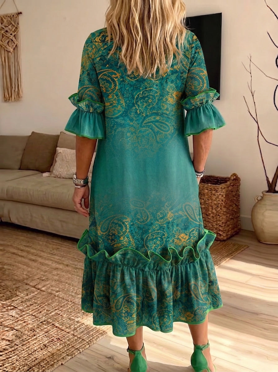 Women Paisley Gradient Ruffle Midi Dress Loose Flounce Sleeve Dress With Pockets