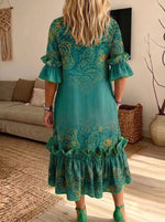 Women Paisley Gradient Ruffle Midi Dress Loose Flounce Sleeve Dress With Pockets