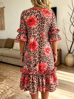 Women Leopard Floral Print Ruffle Bell Sleeve Midi Dress With Pockets