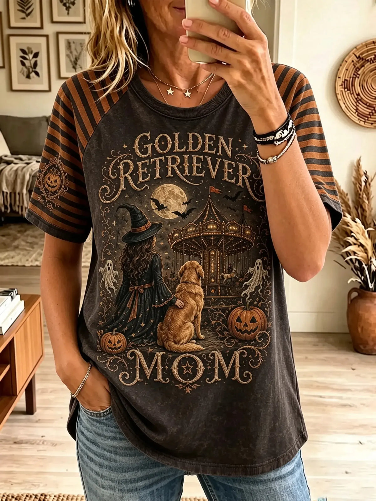 Women's Halloween Golden Retriever Mom Graphic Raglan T-Shirt
