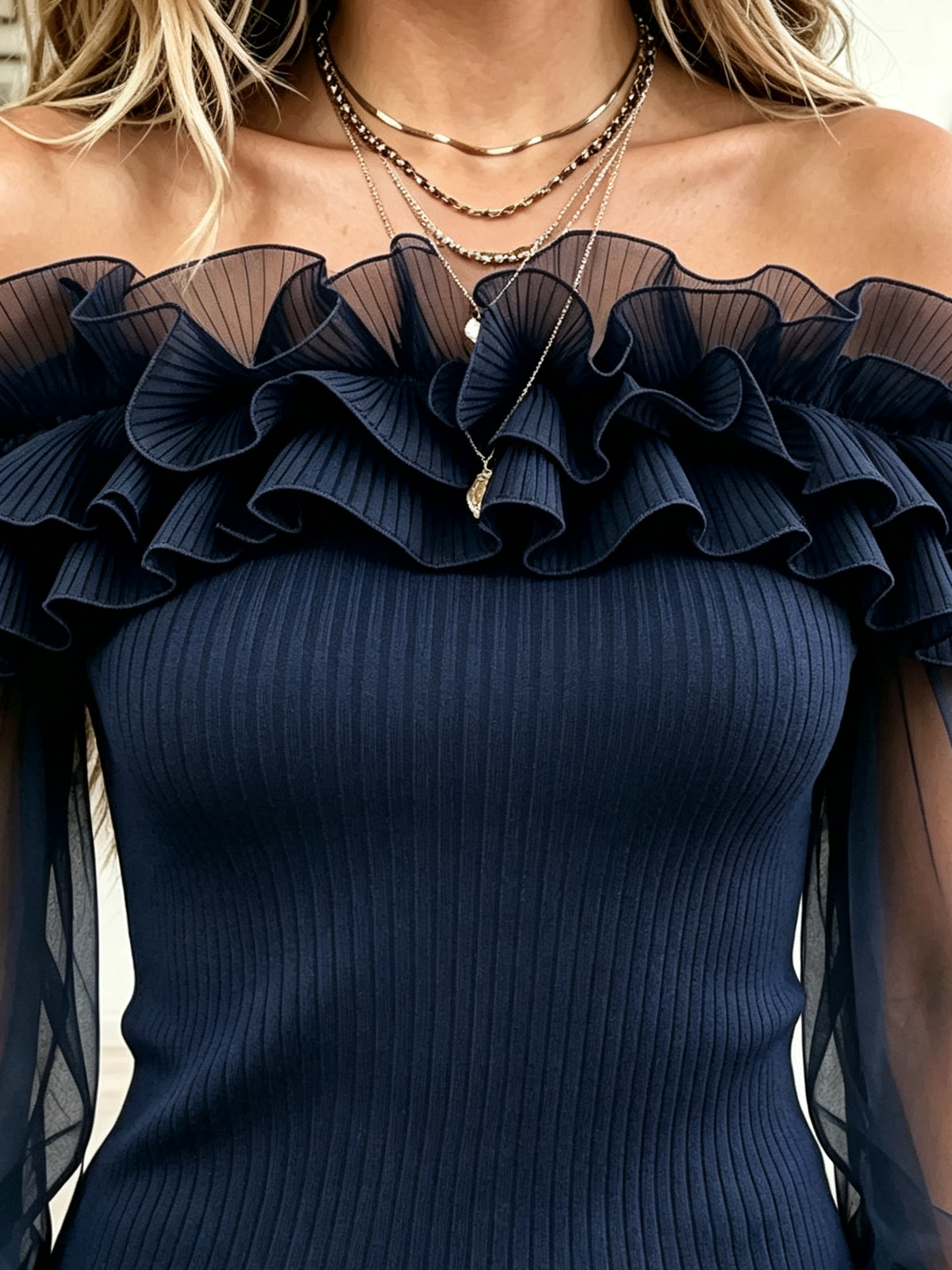 Women's Pleated Ruffle Sheer Sleeve Off-the-Shoulder Top