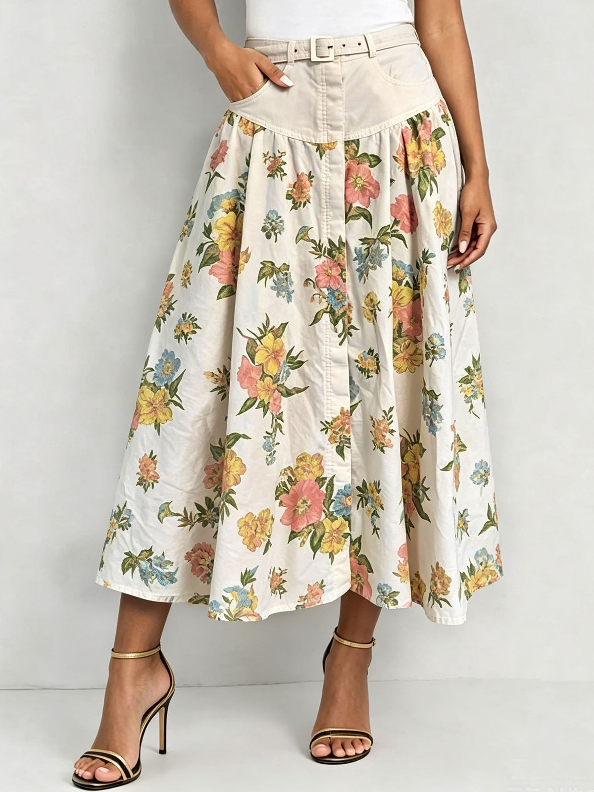 Belted Floral Button Front Patchwork Midi Flowy Skirt With Pockets