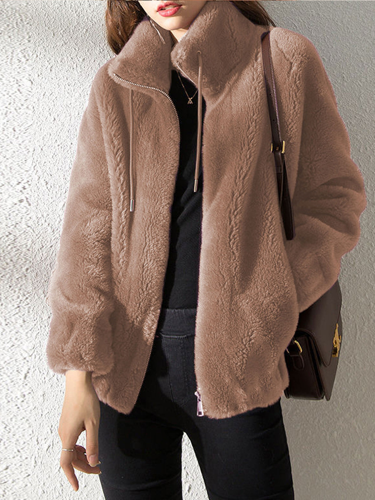 Women Fuzzy Fleece Zip‑Up Stand Collar Jacket, Casual Drawstring Plush Outerwear