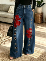 Women's Grommet Floral Patchwork Wide-Leg Jeans