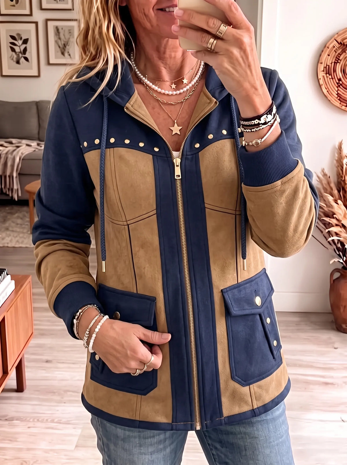Women's Studded Hooded Jacket - Western Colorblock Zip-Up Utility Coat