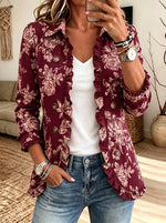 Women Burgundy Floral Print Ruffle Trim Lapel Button Jacket