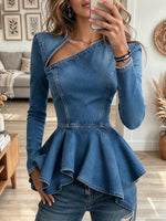 Women's Denim Asymmetric Cutout Peplum Long Sleeve Top