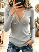 Women's V Neck Gold Chain Lace Up Ribbed Knit Top, Heart Charm Slim Fit Blouse