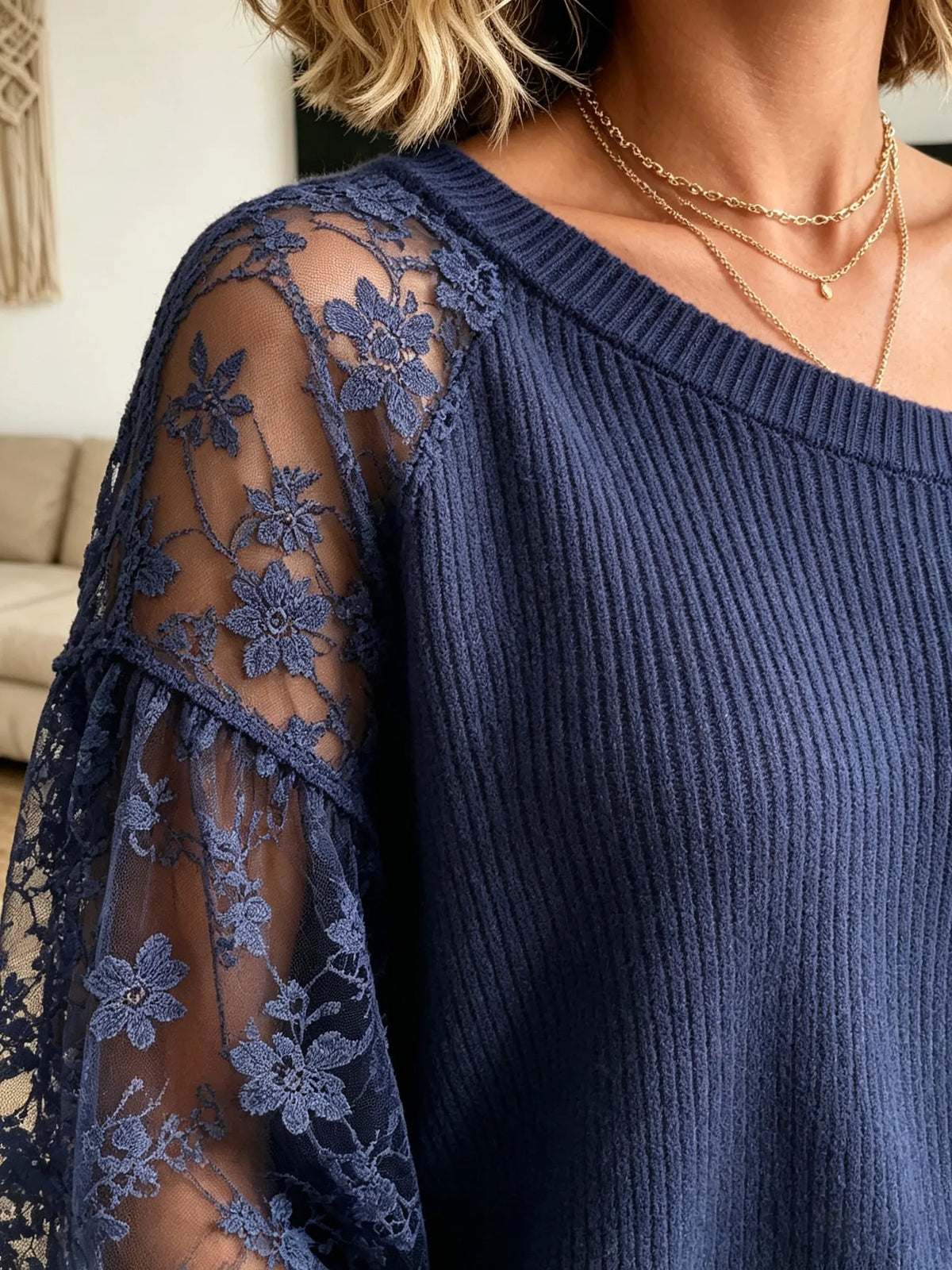 Women's Off-the-Shoulder Sheer Lace Sleeve Sweater