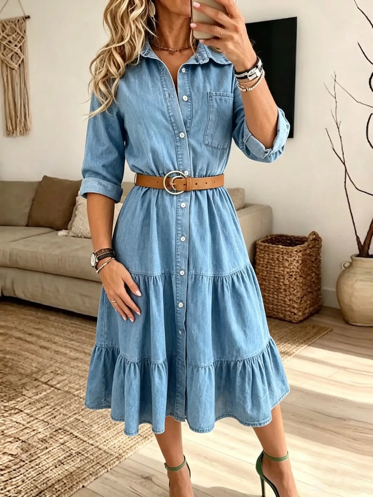 Women's Tiered Denim Shirt Midi Dress