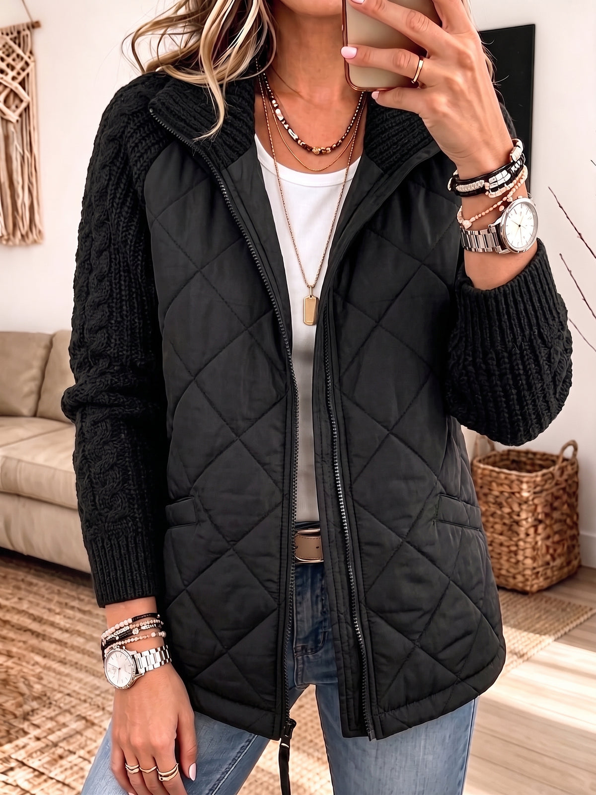 Women Quilted Knit Splice Zip‑Up Jacket, Stand Collar Mixed Media Casual Outerwear With Pockets