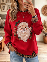 Women's Beaded Santa Leopard Hem Holiday Sweatshirt