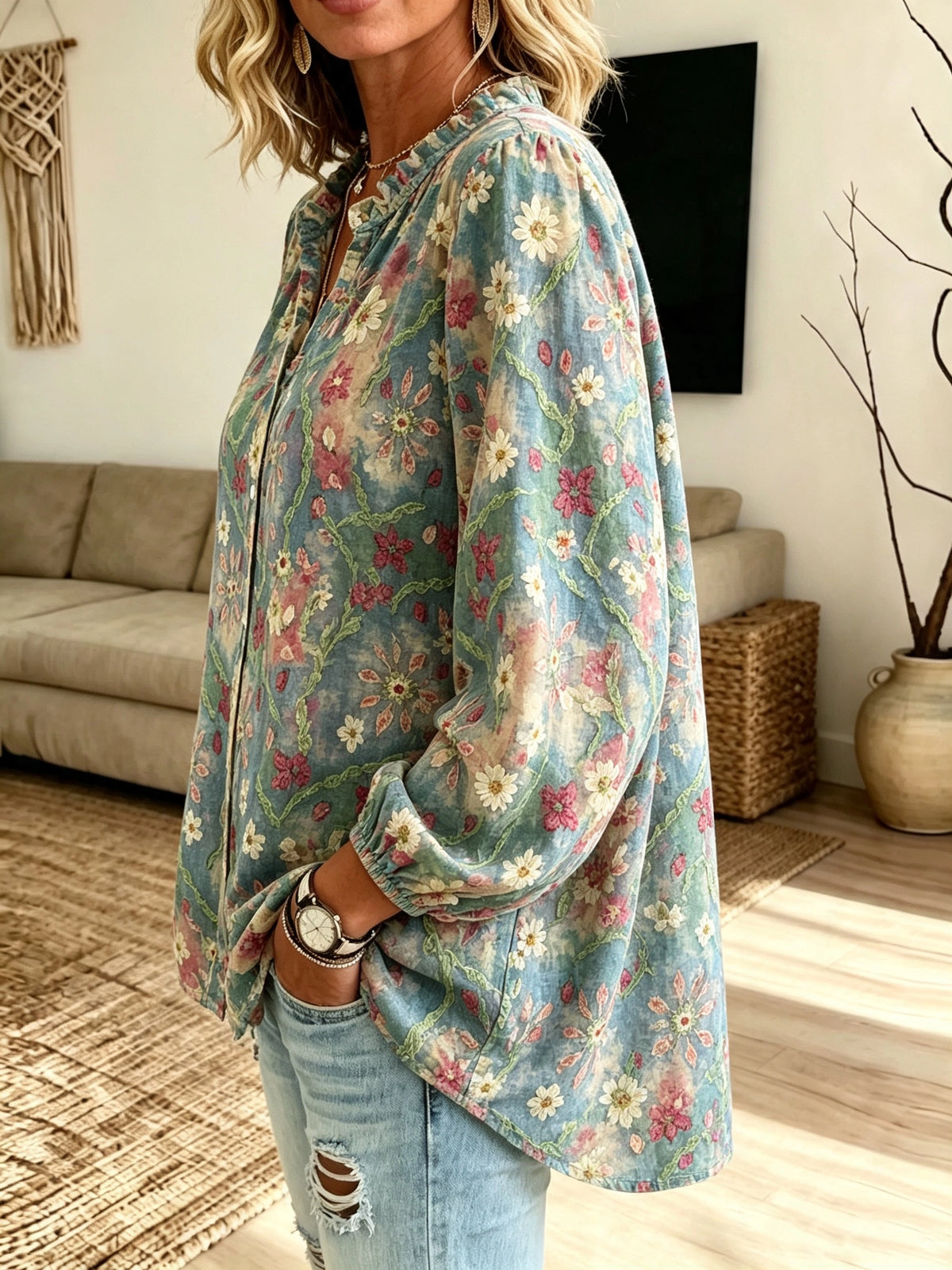 Women's Floral Patchwork Button-Down Blouse