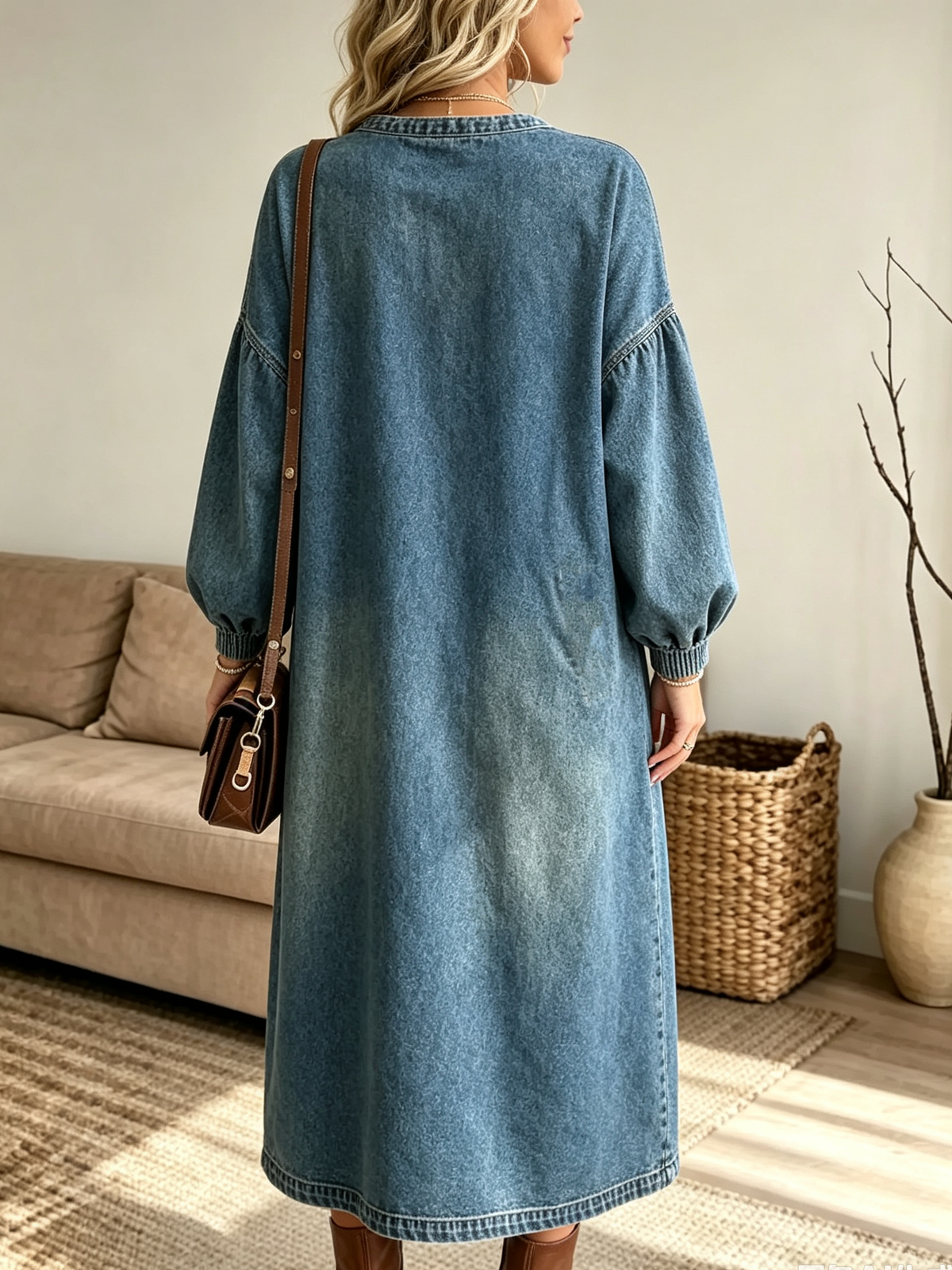 Women's Balloon Sleeve Henley Denim Midi Dress