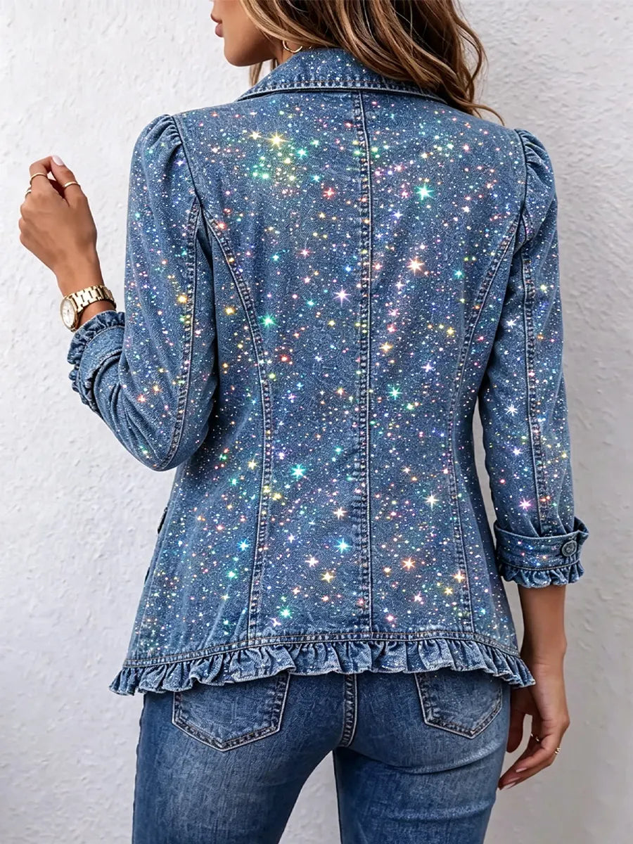 Retro Stars Shiny Pattern Art Print Ruffle Casual Stylish Denim Lapel Coat