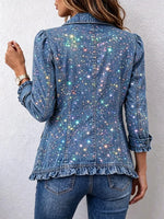 Retro Stars Shiny Pattern Art Print Ruffle Casual Stylish Denim Lapel Coat
