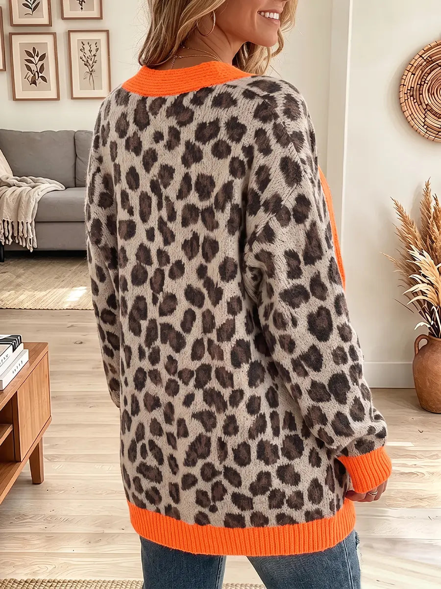 Vintage Elegant Leopard Button Knit Sweater Jacket