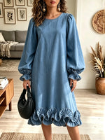 Women's Ruffled Hem Puff Sleeve Denim Midi Dress