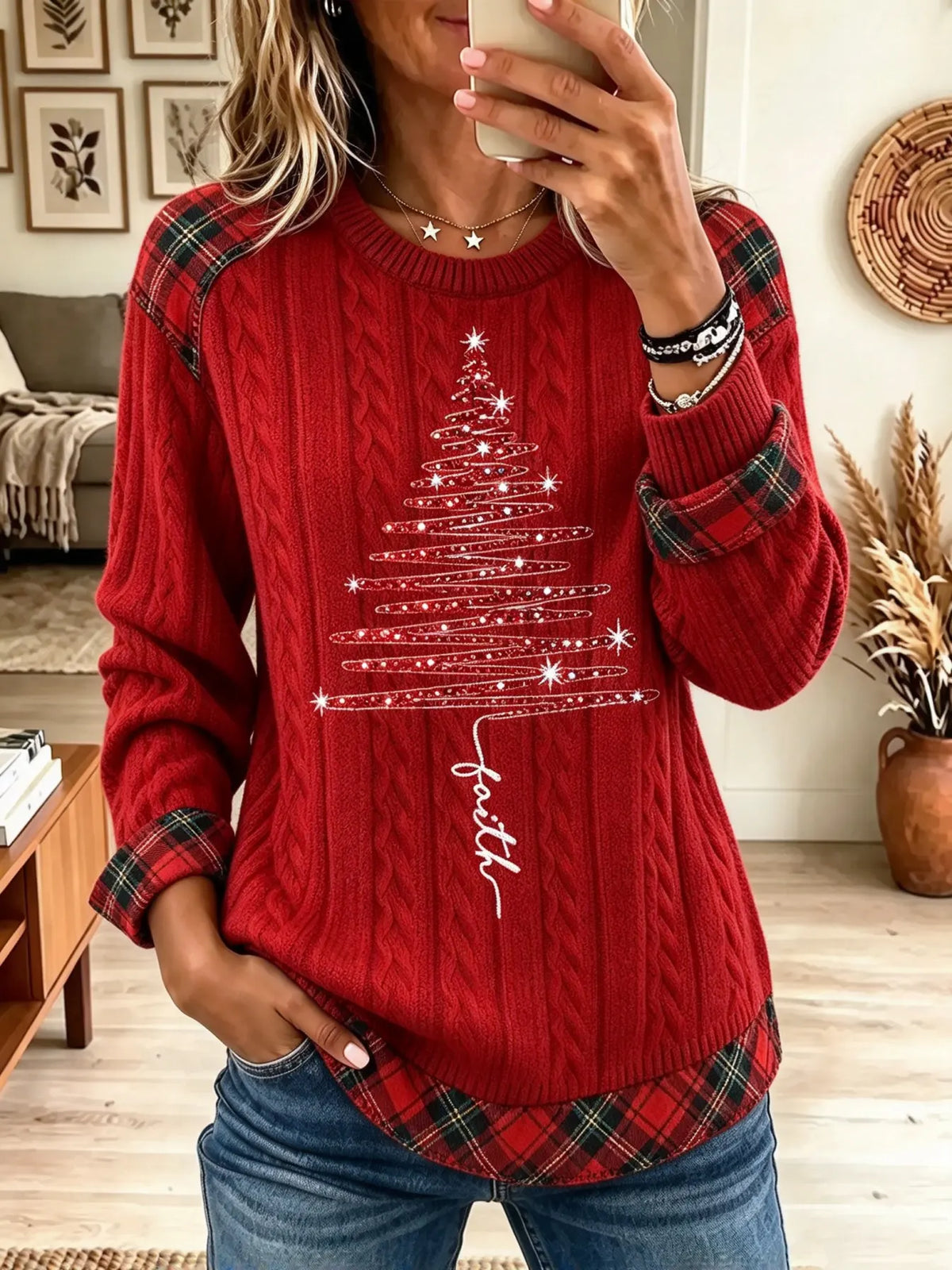 Women's Plaid Trim Cable Knit Christmas Tree Sweater