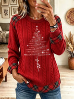 Women's Plaid Trim Cable Knit Christmas Tree Sweater