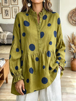 Vintage Elegant Cotton-linen Blend Polka Dots Shirt