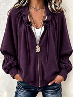 Women Drawstring Ruched Collar Full‑Zip Batwing Sleeve Textured Jacket