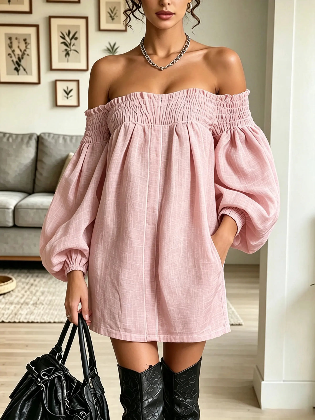 Women's Off-the-Shoulder Smocked Balloon Sleeve Mini Dress