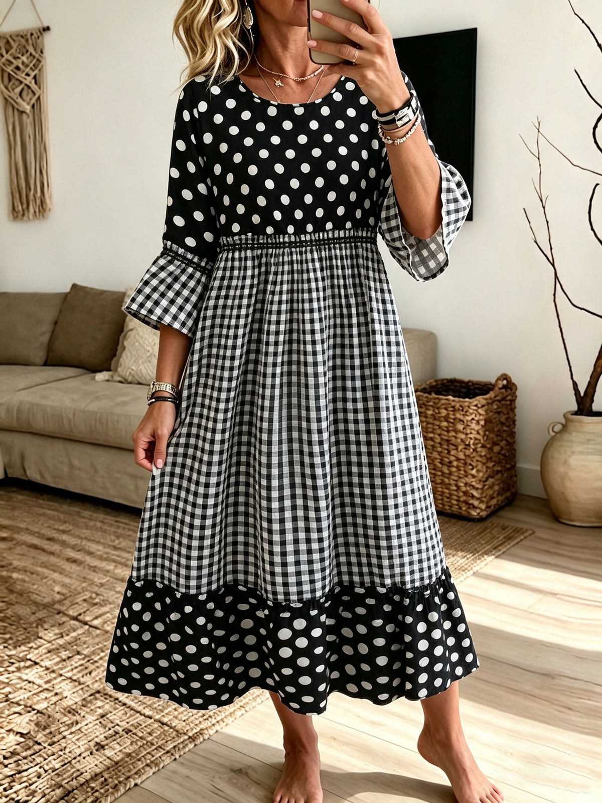 Women Polka Dot Gingham Patchwork Midi Dress Bell Sleeve Round Neck Casual Dress