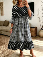 Women Polka Dot Gingham Patchwork Midi Dress Bell Sleeve Round Neck Casual Dress