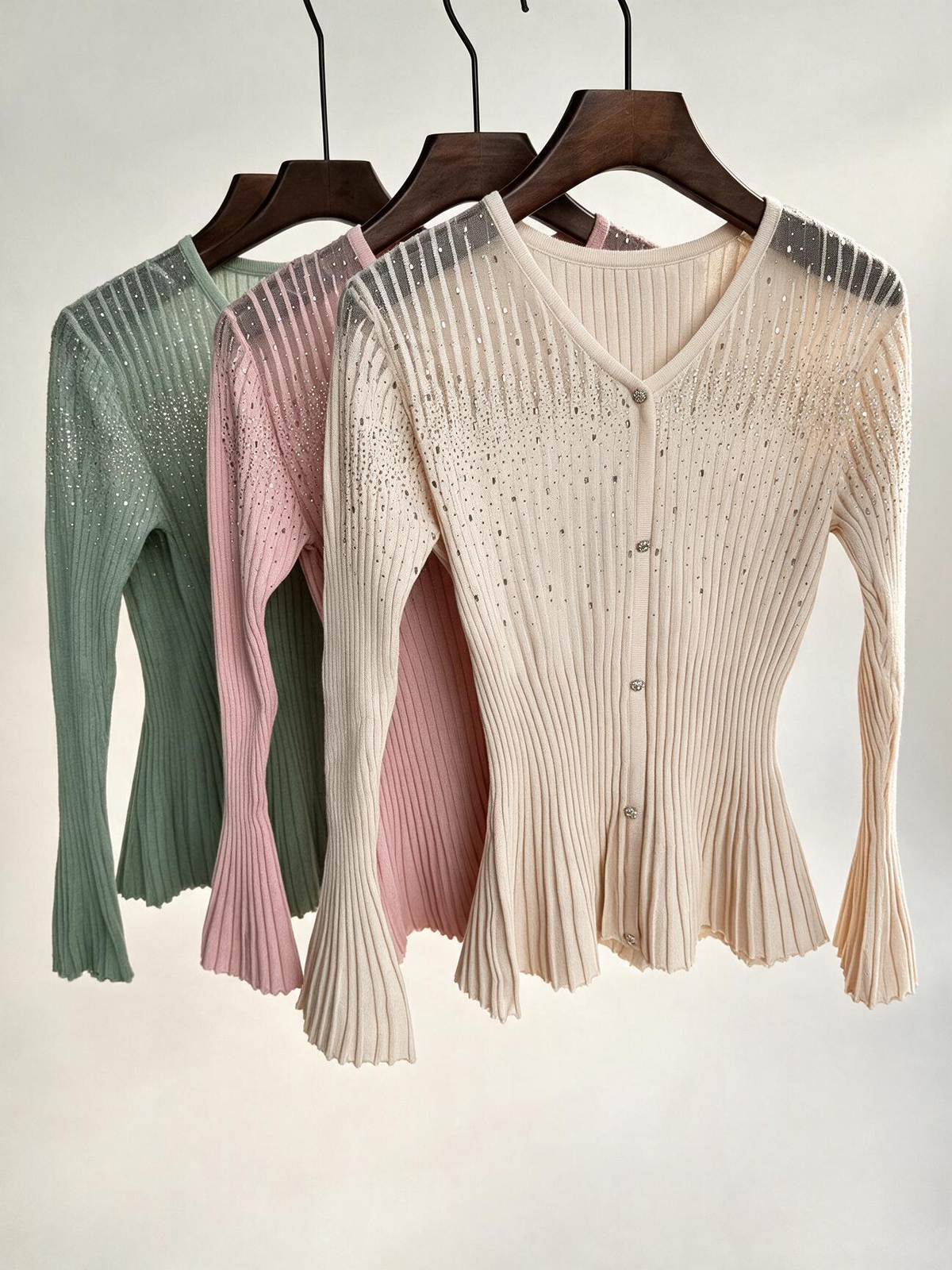 Elegant Rhinestone Mesh Panel Ribbed Knit Cardigan