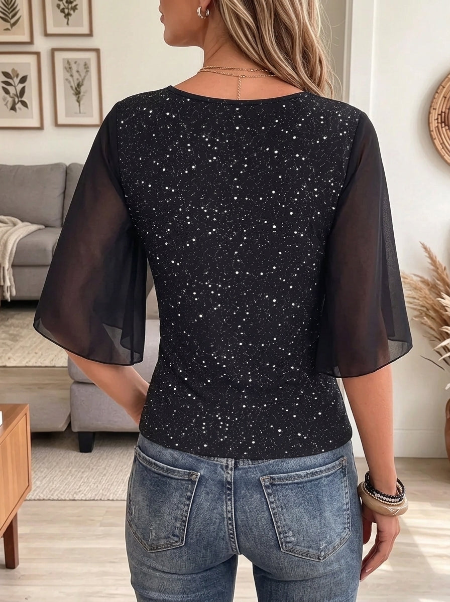 Women's Sequin Sheer Mesh Puff Sleeve Top