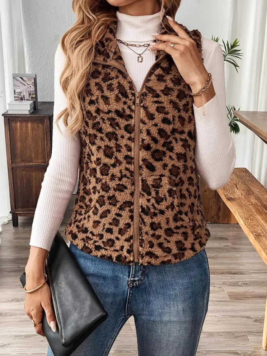 Retro Leopard Pattern Art Fleece Zip‑up Casual Stylish Vest Coat