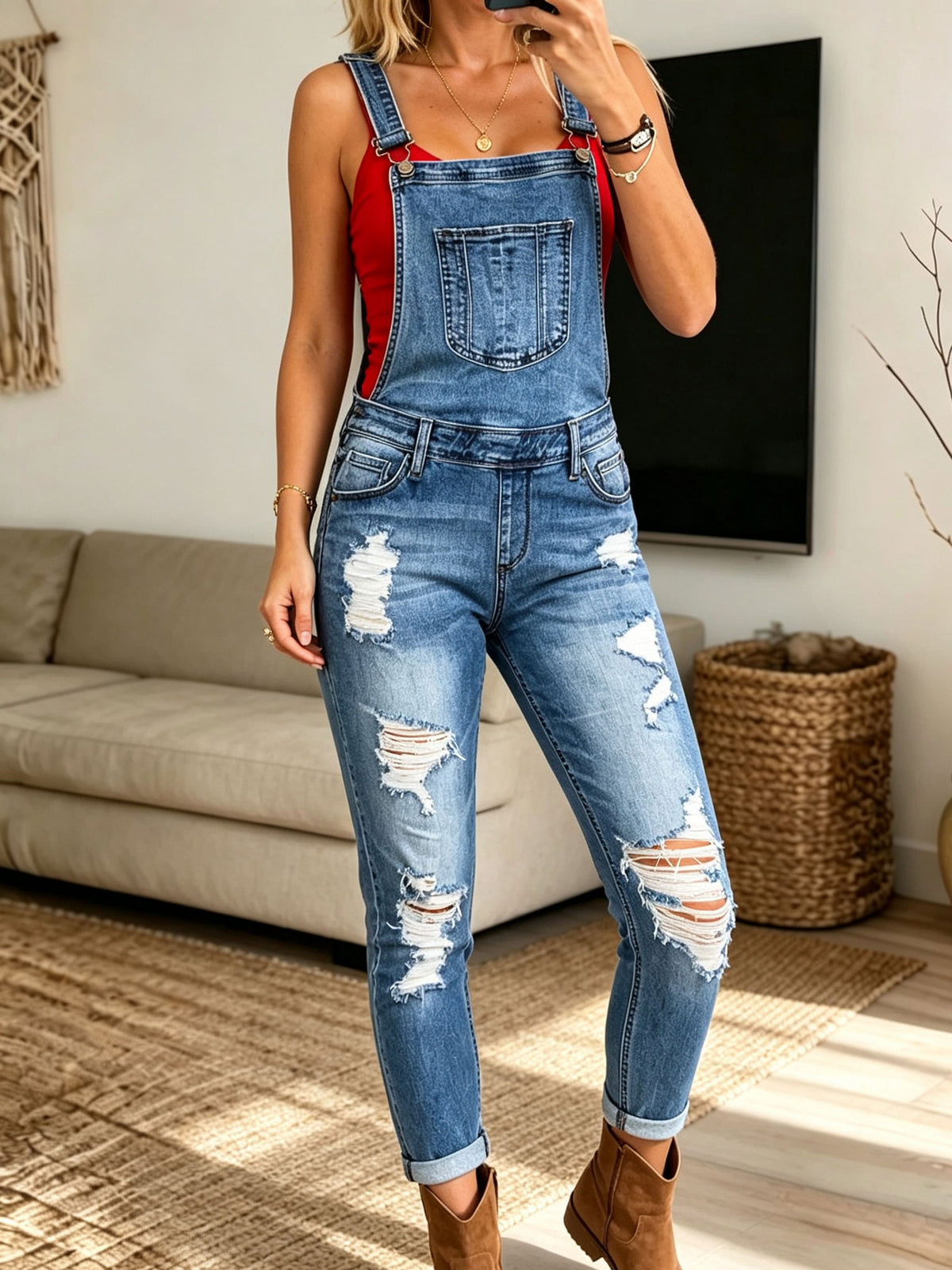 Women Distressed Ripped Roll Cuff Denim Overalls Casual Stretch Jumpsuit