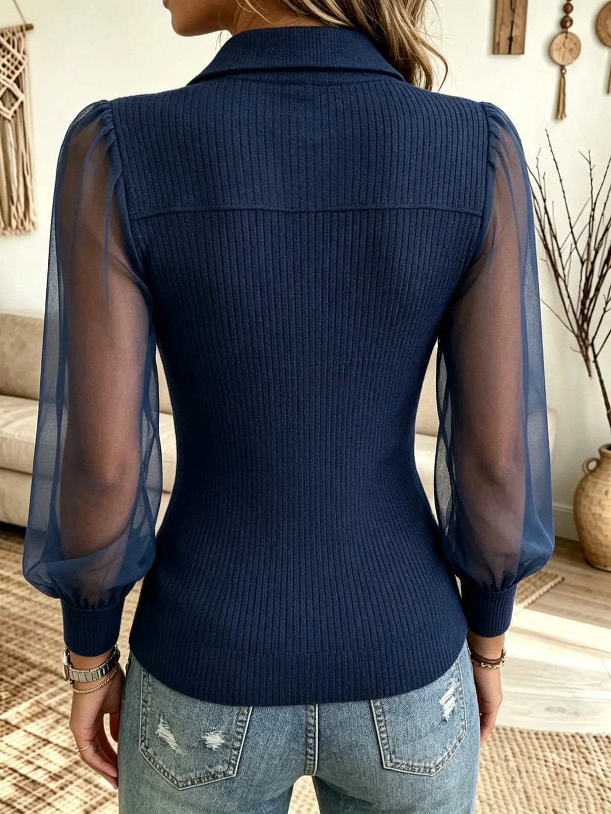 Women's Sheer Sleeve Button-Down Ribbed Top