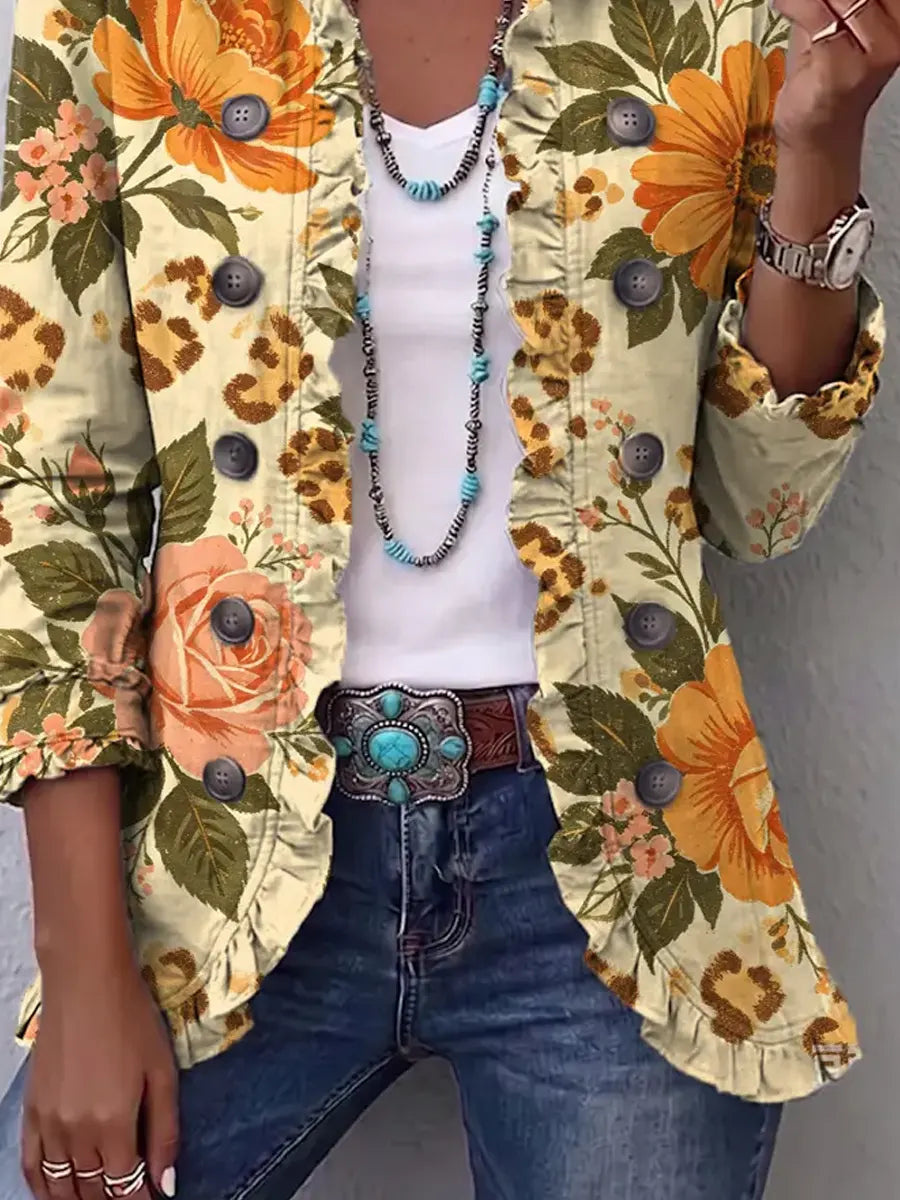 Retro Floral Leopard Pattern Art Print Ruffle Casual Stylish Cotton Lapel Coat