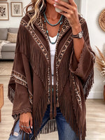 Women's Western Leopard Fringe Hooded Poncho Cardigan