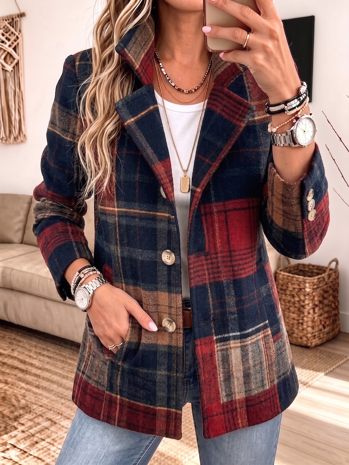 Women Plaid Blazer Notched Lapel Button Down Wool‑Blend Casual Jacket With Pockets