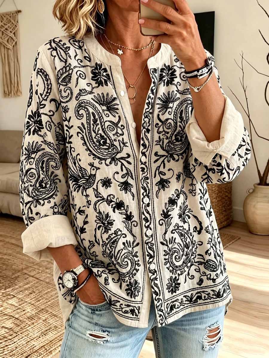 Retro Ethnic Pattern Art Print Casual Long Sleeve Cotton Linen Shirt