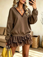 Women's V-Neck Sweatshirt Tiered Lace Mini Dress