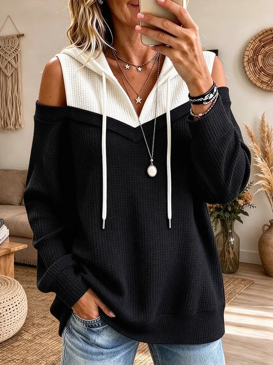 Women'swaffle-knit Colorblock Off-shoulder Hooded Sweatshirt
