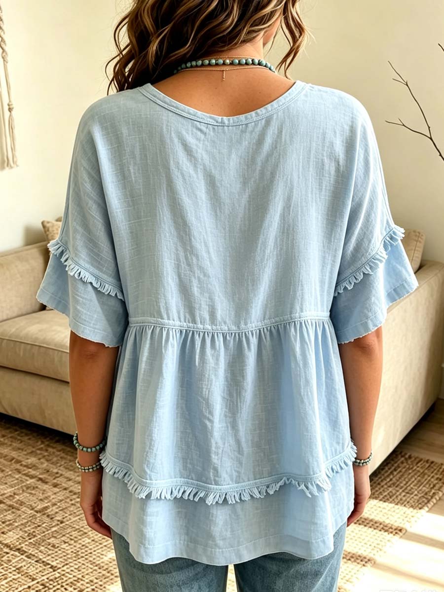 Retro V-Collar Hollow Fringe Art Casual Short Sleeve Cotton Linen Shirt
